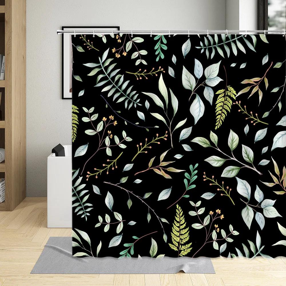 Blad Duschdraperi Akvarell Trädgren Blad Klätterväxt Badrumsdraperi Modern Textil Nordisk Badrumsinredning