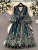 2026 Early Spring V-Neck Ethnic Style Waist Tie Long Dress with Long Sleeves for Women