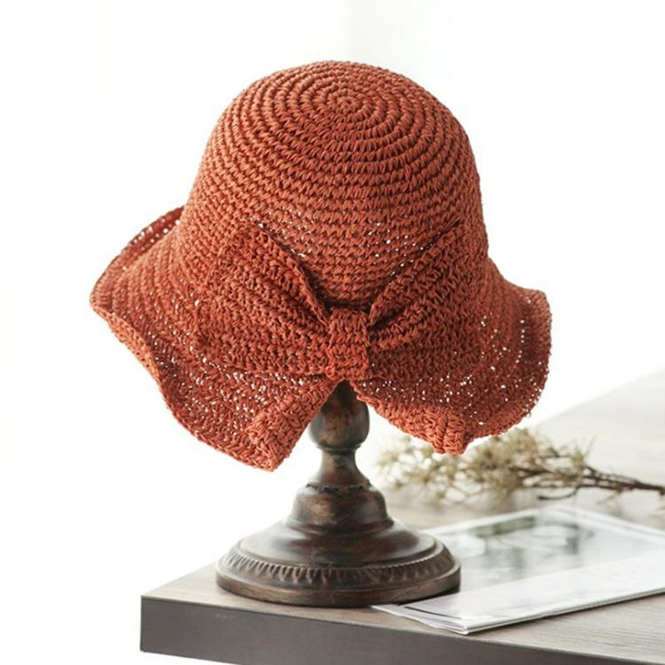 100% Raffia Schleife Sonnenhut Breite Krempe Schlapphüte Damen Strand Panama Stroh Kuppel Eimerhut