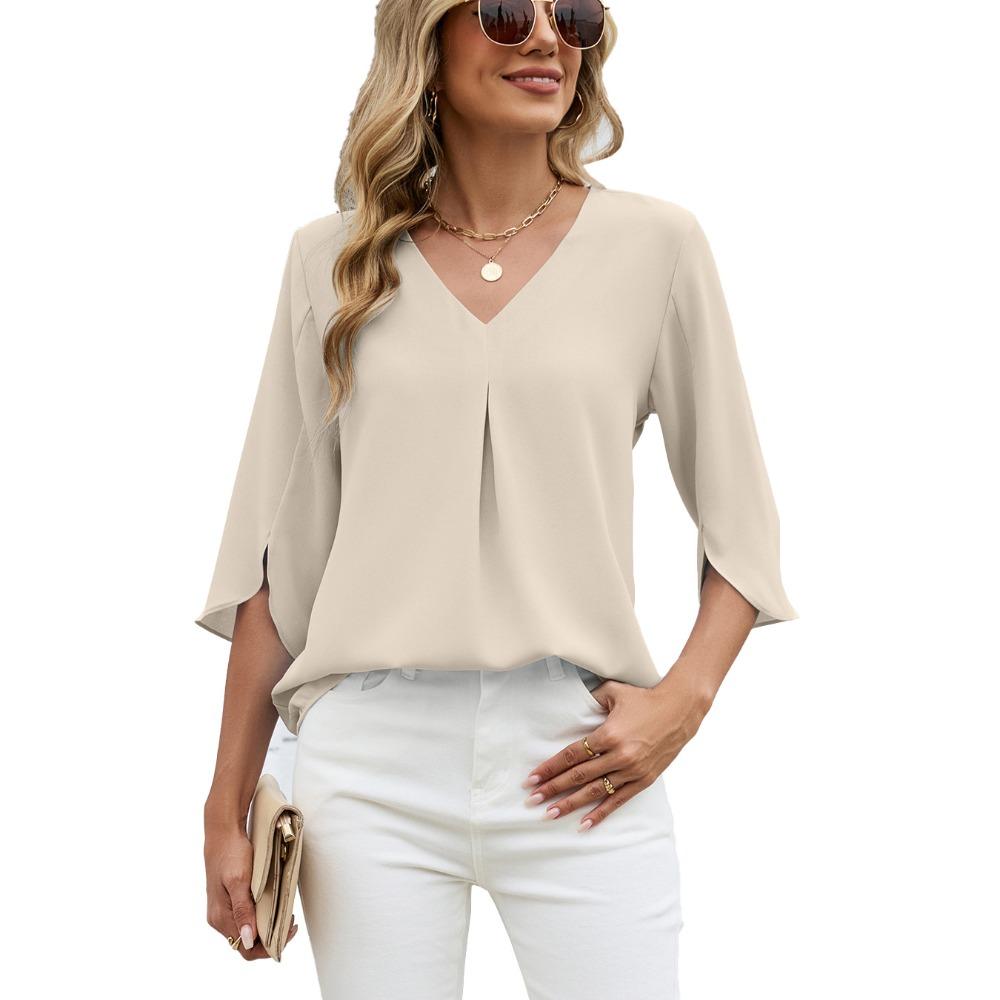 Women's V Neck 3/4 Split Sleeve Blouse Loose Fit Front Pleated Detail Casual Solid Chiffon Top