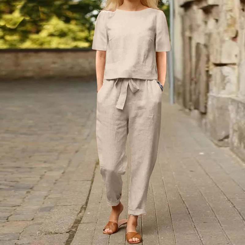 Plus Size damskie bawełniane lniane lato 2-częściowe spodnie szerokie nogawki garnitury damskie dresy jednolita bluzka zestawy Retro garnitury domowe
