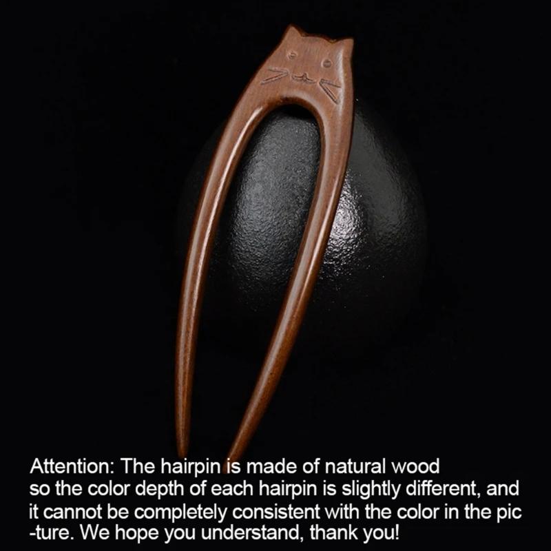 Artistic Cats Pattern Wood Hairpin Unique Hair Fork Ethnic Style Hairpin for Women Girls Ethnic Style  Hair Accessories