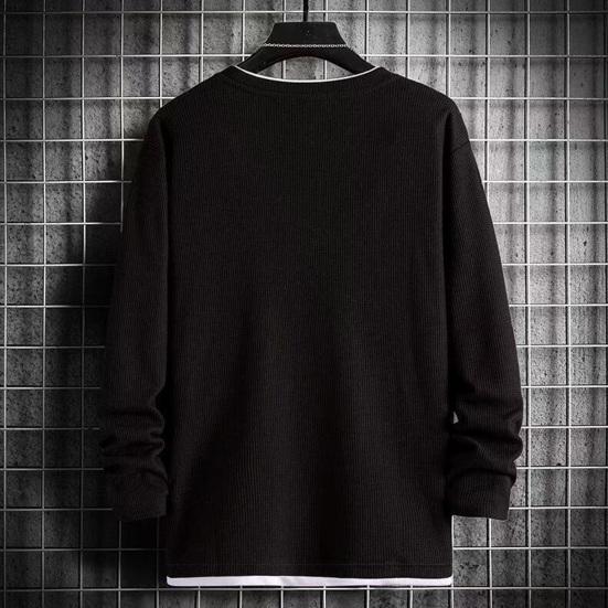 Men O-Neck Waffle Sweatshirt Fake Two-Piece Long Sleeve T-shirt Casual Loose Pullover for Spring Autumn Daily Wear Street