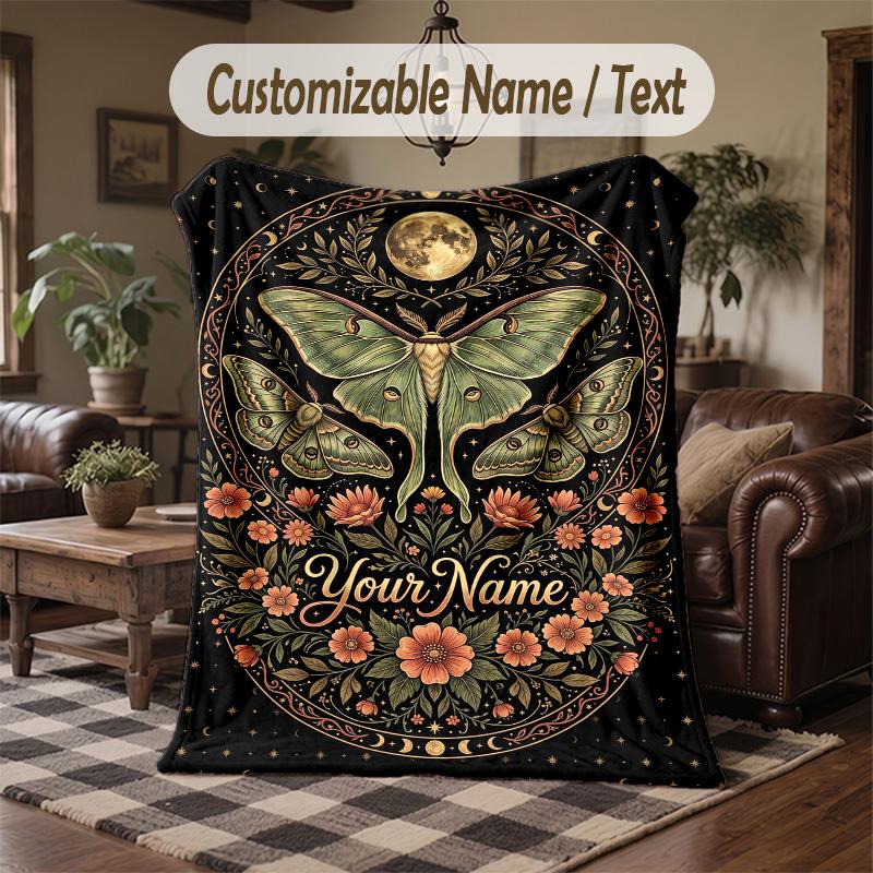 Moonlit Moth Garden 1 Theme Throw Blanket Custom Name Text Personalized Blanket Soft Cozy Blanket for Home Sofa Bed