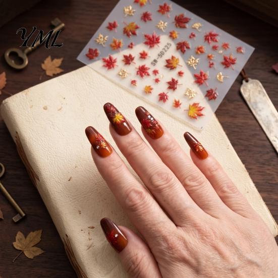 Autumn Nail Decals Maple Leaf Stickers, Self-Adhesive Fall Leaves Decals, Embossed Stickers Women Manicure for Home and Salon Use Easy Application