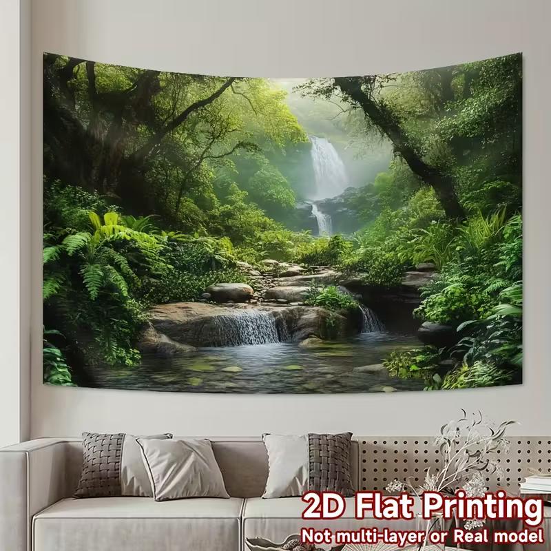 2D Üppiger Dschungel Wasserfall Wandteppich Nebeliger Bach Kulissentuch für Wohnzimmer