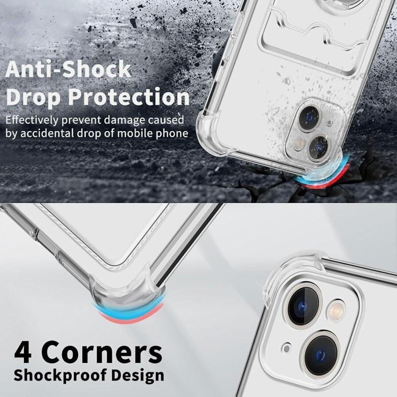 Ringhouder Portemonnee Kaartsleuf Transparante Schokbestendige Telefoonhoes voor iphone 15 Pro Max 14 13 Pro 14Pro Airbag Transparante Standaard Hoes