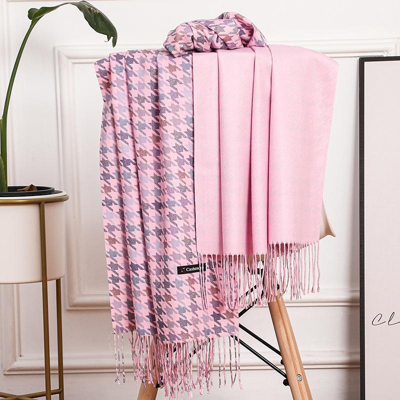 Double Sided Houndstooth Scarf for Women Winter Couple Wool Imitation Cashmere Scarf Men's Shawl Versatile Red Scarf
