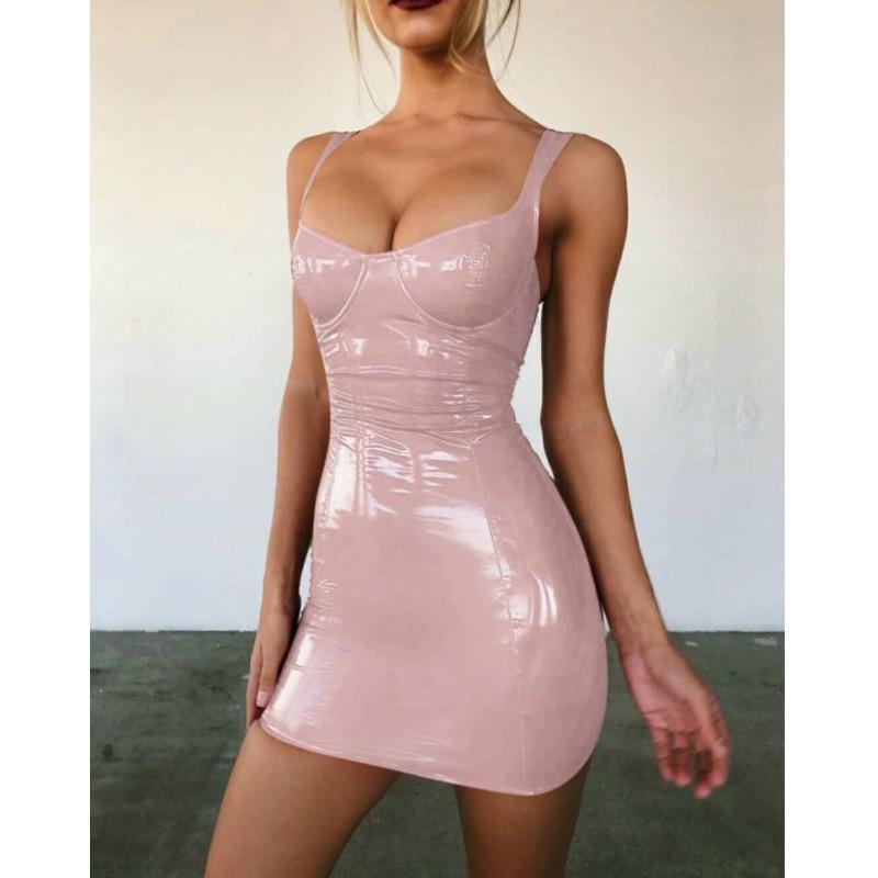 Women's Shiny PU Leather U Neck Sleeveless Strap Bodycon Mini Dress Sexy Club Party Night Out Dress
