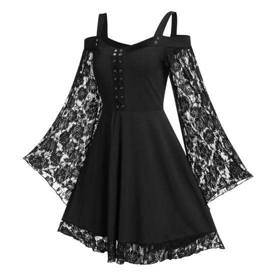 Women Gothic Cold Shoulder Long Flared Sleeve Waist Tight Bandage Party Dress