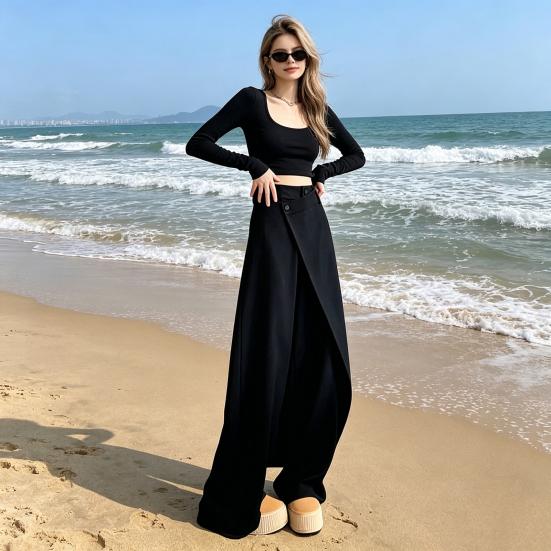 High Waist Women Pants, Loose Fit Straight Wide Leg Suit Pants, Irregular Splicing Design Pure Color Casual Trousers