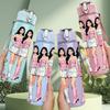 1PC Three Fashion Ladies Floral Portrait 750ml Color Plastic Sports Water Bottle Leakproof Flip Straw Lid Suitable for Sports Office Home Use