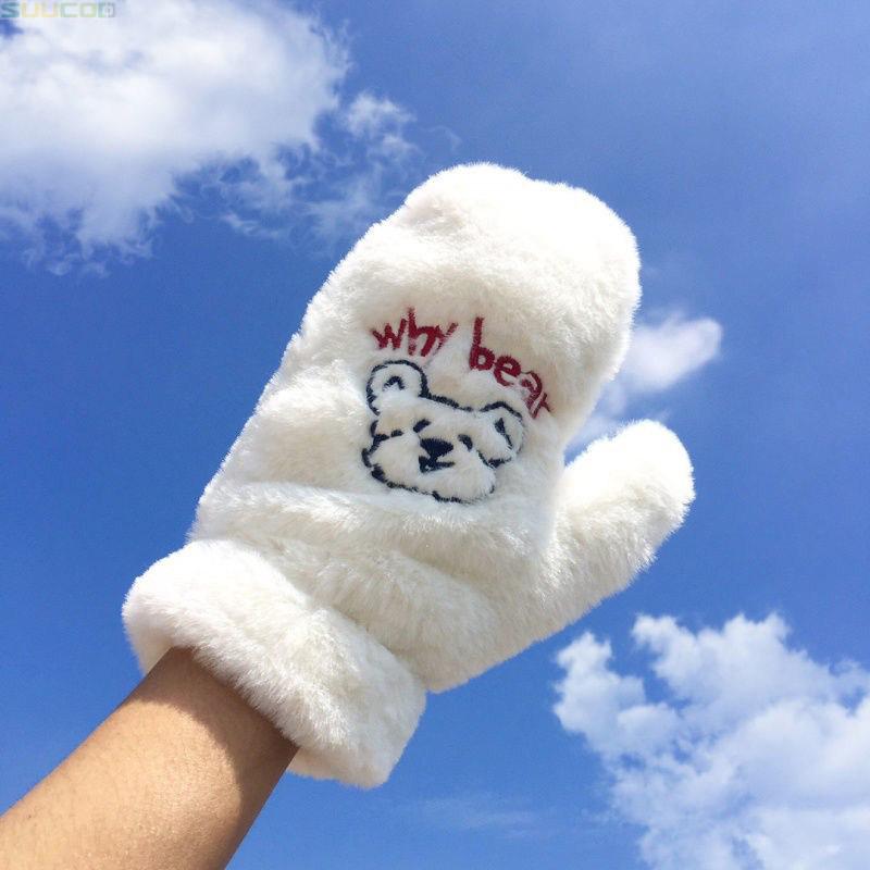 Cute Little Bear Fleece Gloves Women Winter Warm Plush Furry Full Finger Gloves Windproof Hanging Neck Mittens For Girls