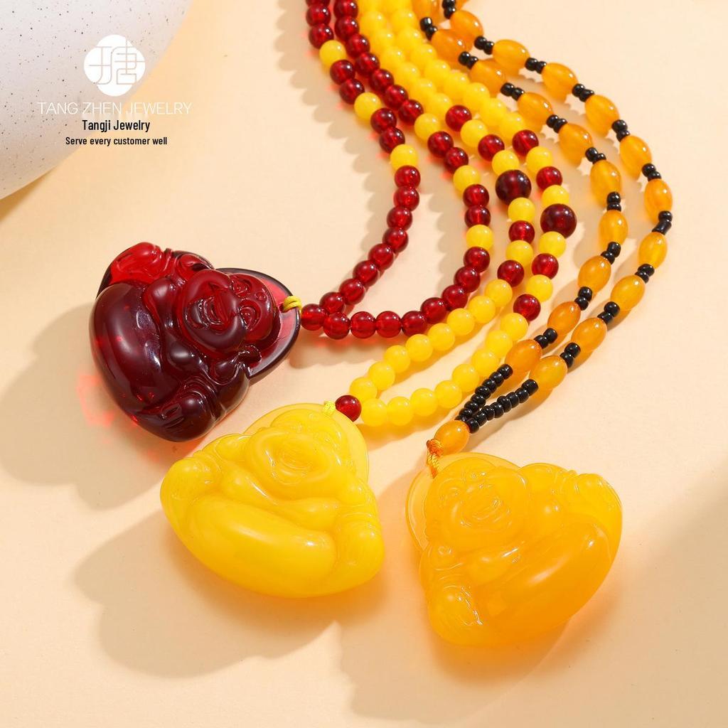 Buddha Pendant Necklace In Chicken Fat Yellow and Amber for Men and Women - Ethnic Style