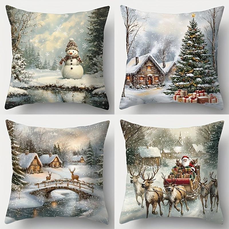 Decoración del Hogar Escenas Nevadas de Invierno: Funda de Cojín con Patrón de Diseños de Papá Noel y Cabaña Adecuada para Sofá Dormitorio Coche Funda de Almohada