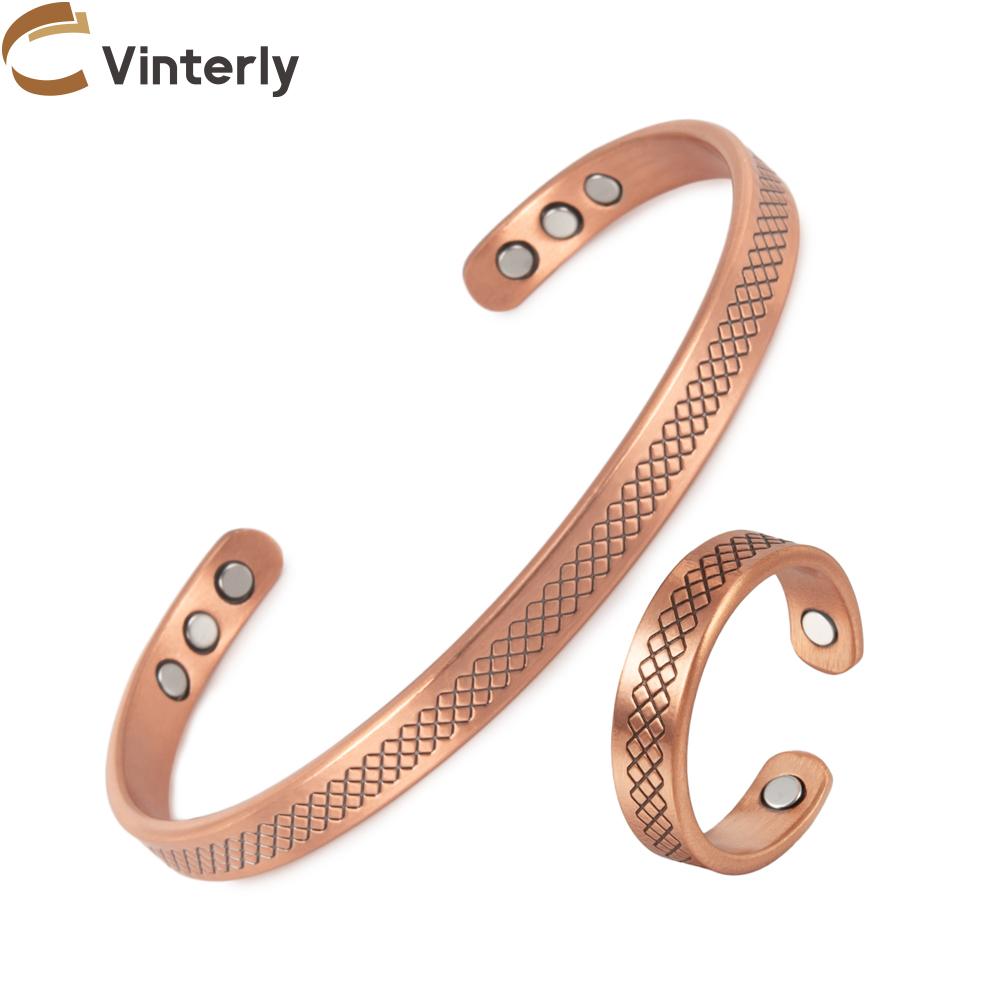 Vinterly Magnetic Pure Copper Jewelry-Set Adjustable Bracelets Ring Magnet Resizable Health Jewelry Sets Open Cuff Soft Matel