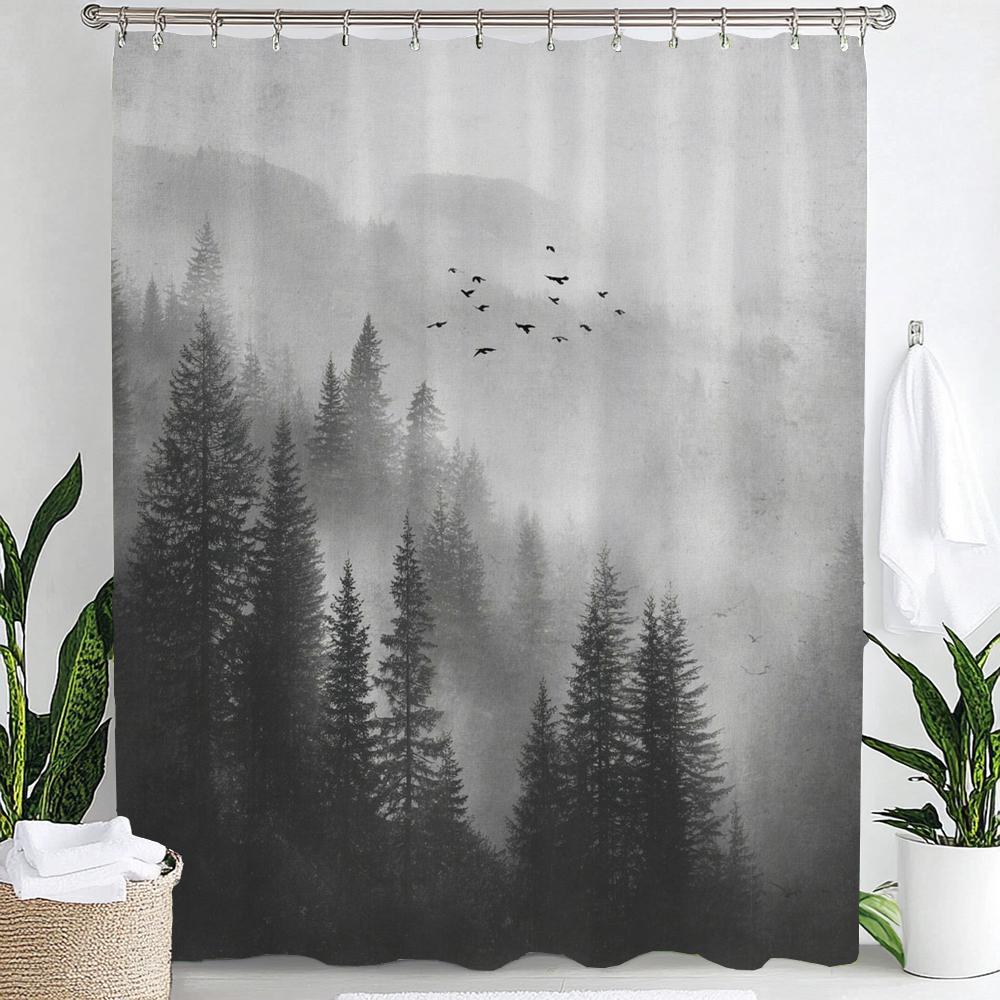 1Pc Natural Landscape Shower Curtain, Bathroom Decorative Shower Curtain, Printed Polyester Fabric Shower Curtain With Hooks