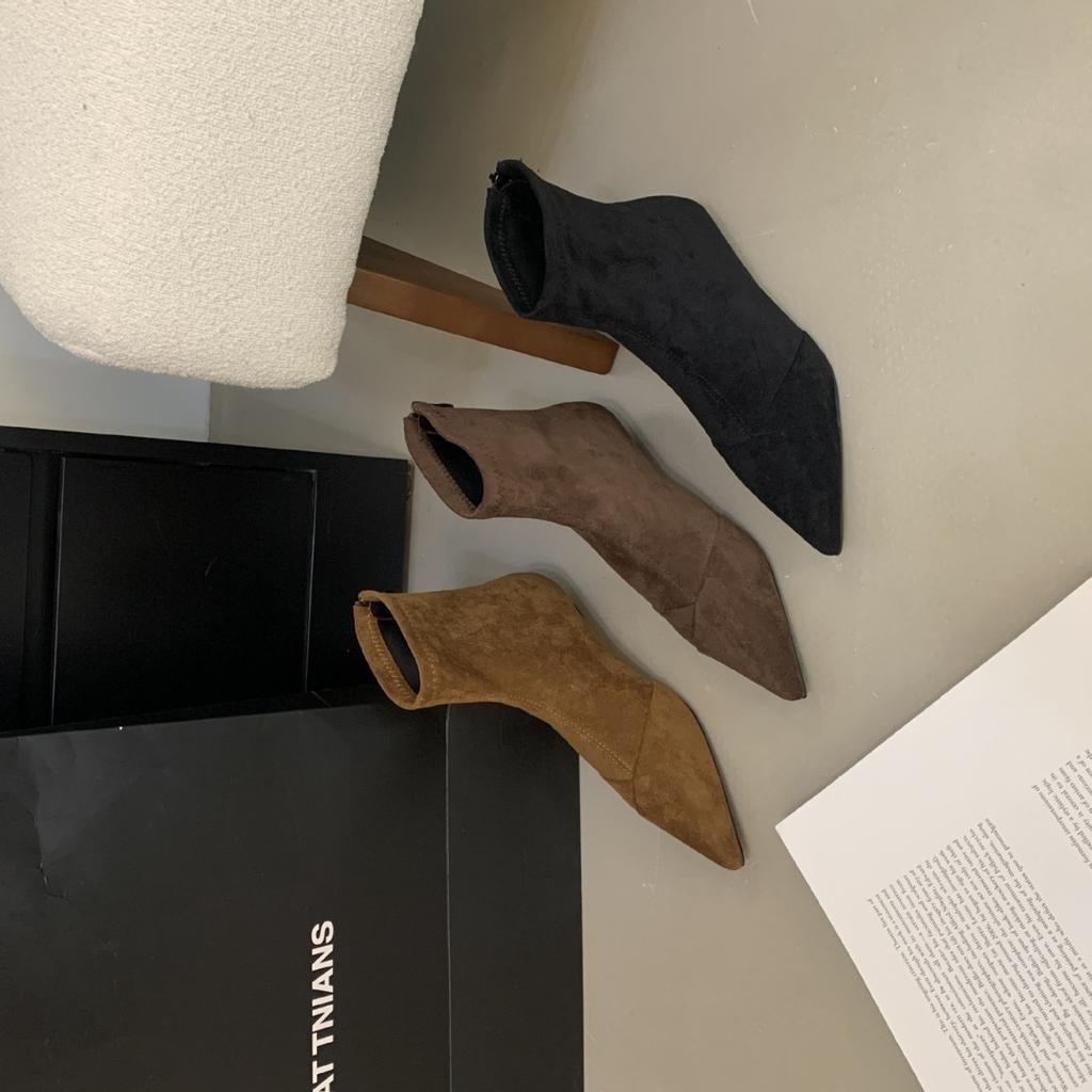 Autumn and winter soft-soled versatile pointed elastic thin boots pointed kitten and 2025 short boots black suede single boots