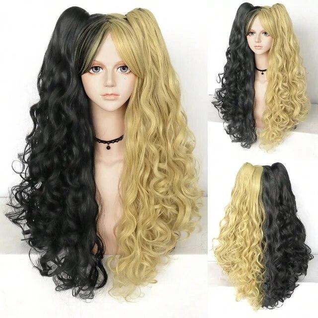 Cosplay Wig Synthetic Long Colored Curly Girls Lolita Cosplay Wig With Double Ponytails & 1pc Wig Cap