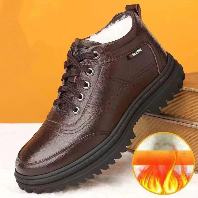 Winter Snow Boots – Leather High-Top Thickened Lined Mid-Top Warm Men's Shoes, Cotton Boots with Height-Increasing Design