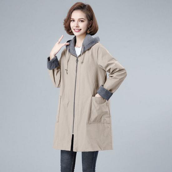 Spring Fall Women Jacket Hooded Long Sleeves Drawstring Plus Size Pockets Zipper Closure Windbreaker Mid Length Solid Color Big Pockets Windproof Warm