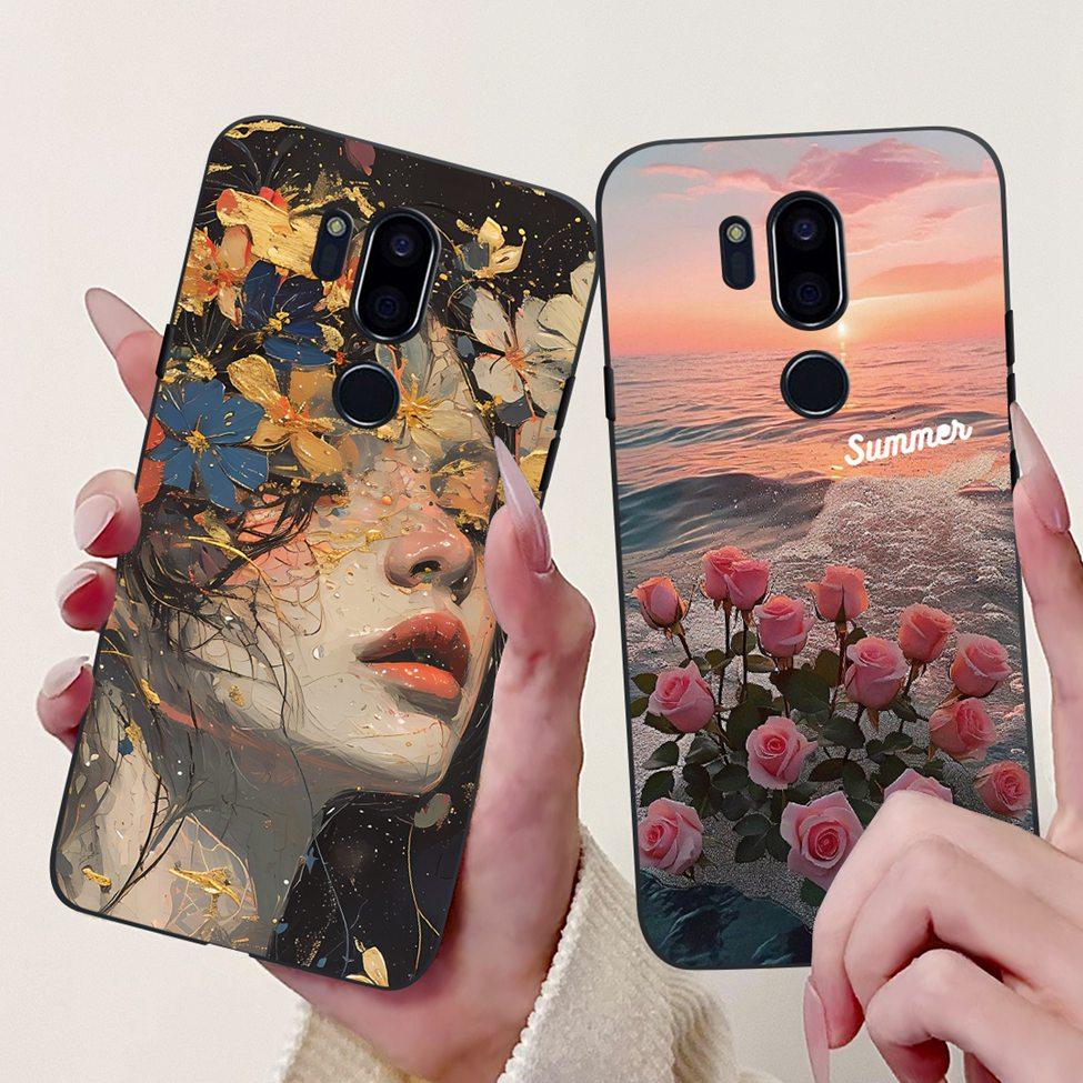 För LG G7 ThinQ Fodral Svart Silikon Söt Katt Mode Blommor Cool Målad Baksida För LG G7ThinQ Telefonfodral LMG710EM