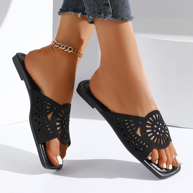 Bohemian Hollow Out Breathable Slides Women Summer Solid Black Glitter Flat Heel Slippers Elegant Square Toe Sandals Size 43