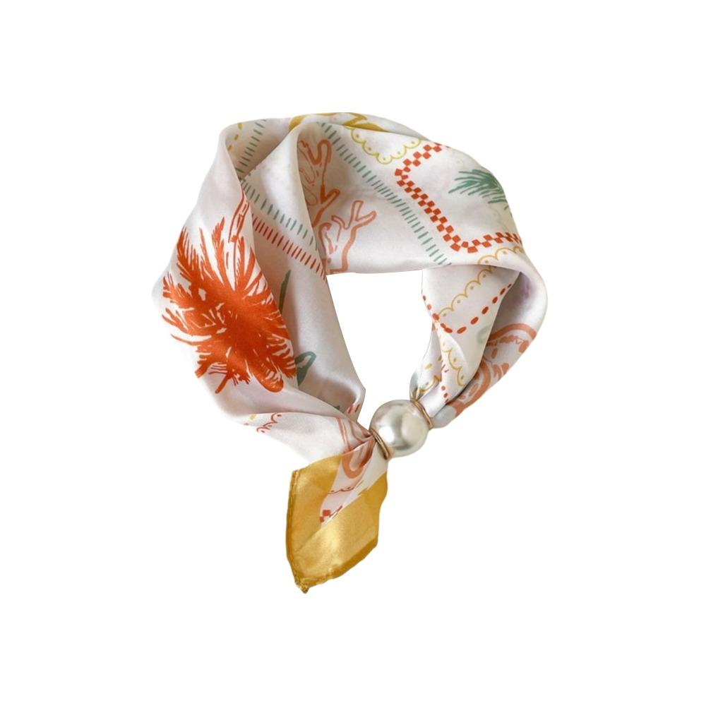 Lightweight Silk Scarf Breathable Printed Neck Scarf Accessory Pearl Buckle Scarf  Female