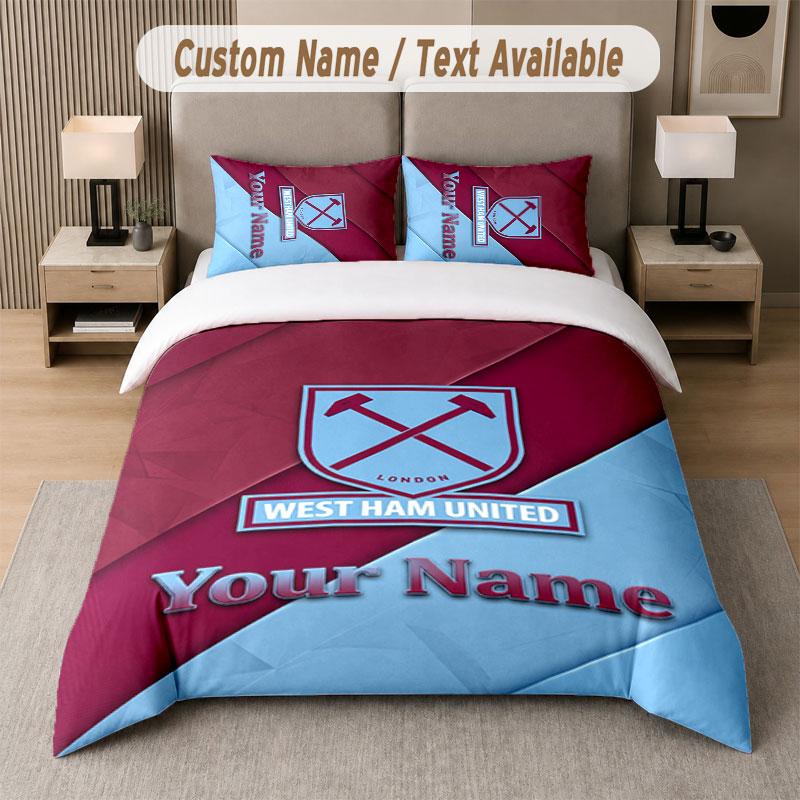Custom Bedding Set West Ham United FC Pattern, Print Name Text 1 Duvet Cover Plus 2 Pillowcases Home Textile