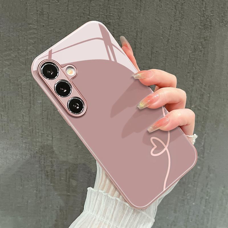 Pink line heart-shaped pattern glass phone case suitable for Samsung Galaxy S26 S25 S24 S23 S22 S21 S20 FE/Ultra/Plus anti drop