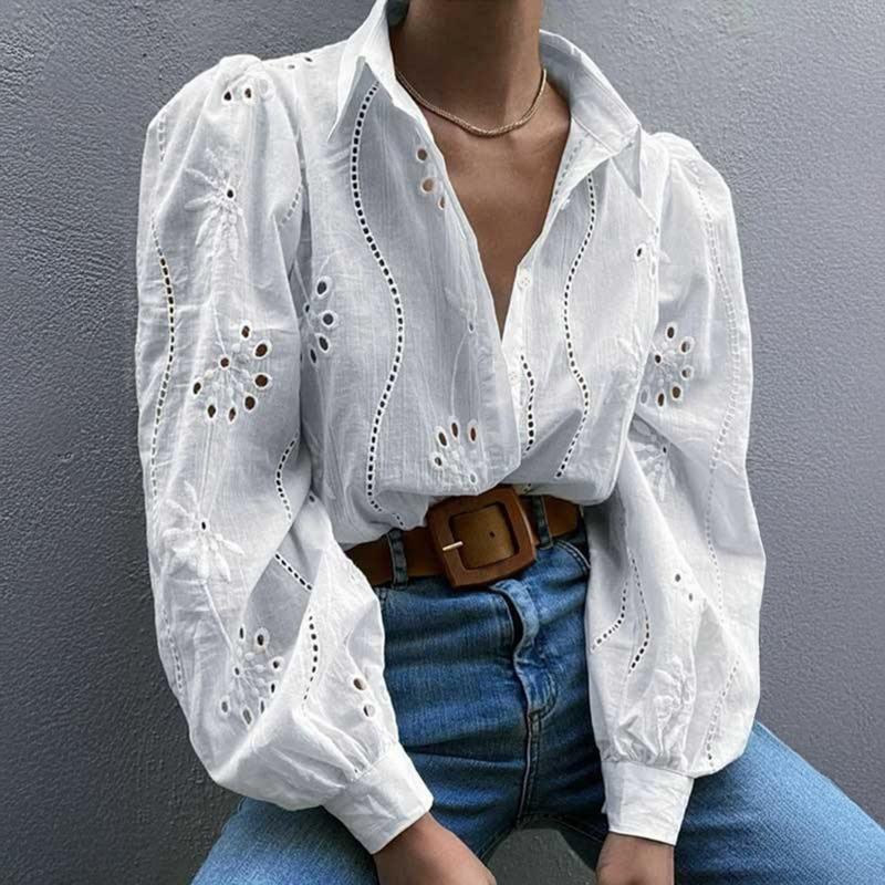 Elegante Moda Solta Renda Camisa Feminina Casual Vazada Bufante Manga Longa Top Manga Longa Botão Único Escritório Blusa Lisa Doce Simples Gola Feminina