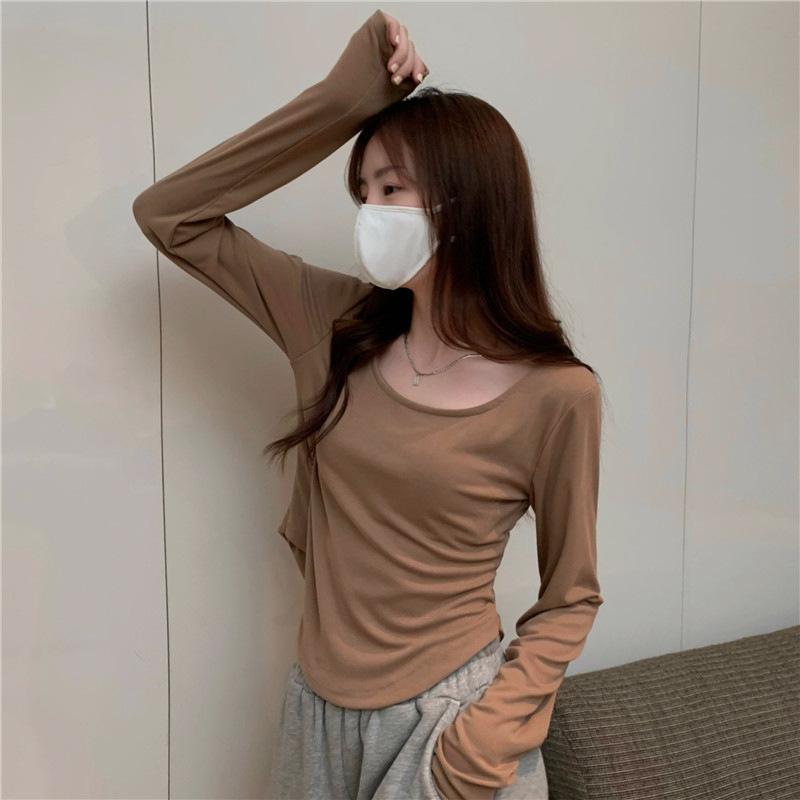 Damer Vår Sommar Enfärgad Långärmad Skjorta U-Hals Slimmad Blus Pullover Oregelbunden Kort Topp M-XXL