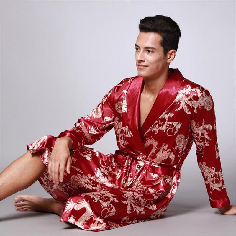 Yaoting Men's Long Sleeve Silk Pajamas and Robe Set, Ice Silk Fabric, WP032