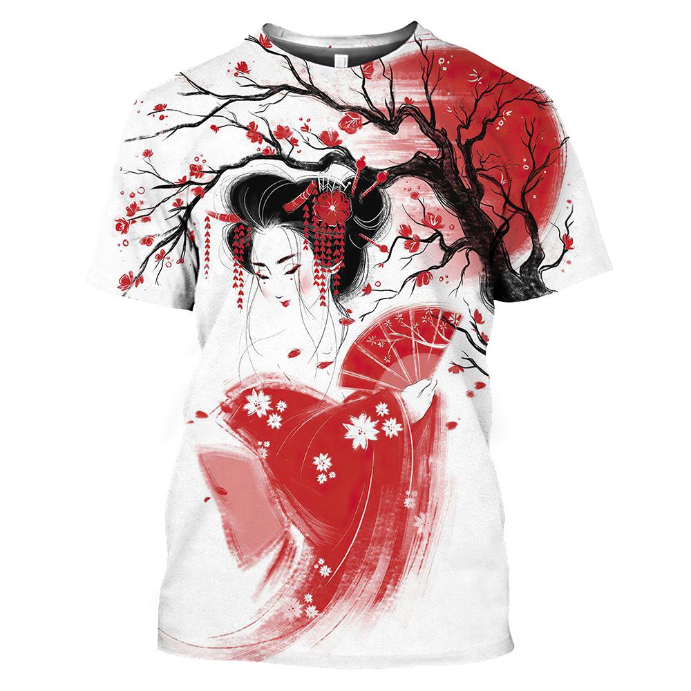 3D T Shirt dla mężczyzn styl japoński z krótkim rękawem topy gejsza drukuj O-Neck męskie koszulki obszerna koszulka męska odzież