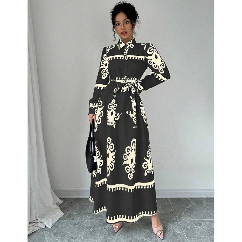 Fashion Vintage Long Sleeve Loose Casual Dresses Women Buttons Lapel A Line Printed Shirt Dress Women High Waist Lace-up Long Dress Spring New 25892