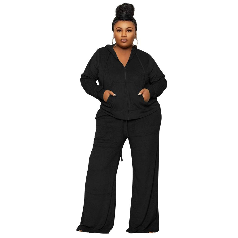 Plus Size Autumn and Winter Women's Jacket Pants Set Solid Color Casual High Waist Wide Leg Pants Two Piece Suit