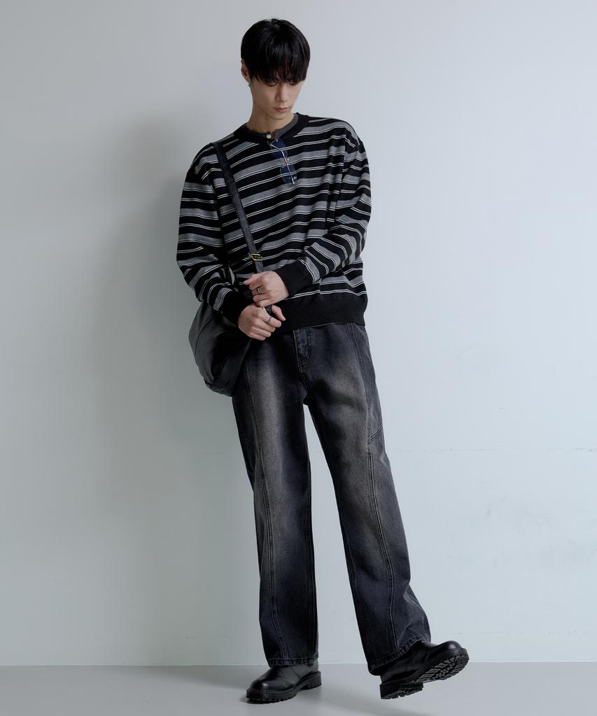 NODU Triple Stripe Semi-Crop Knit [Black]