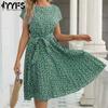 Women's Fashion Summer Spring Flower Pattern Print Short Sleeve O-Neck High Waist Casual Dresses