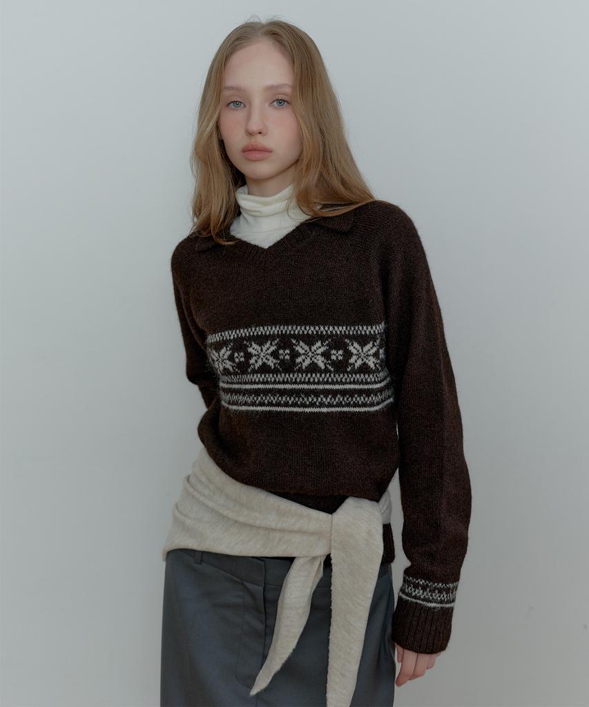 TMAKER Multi-Pattern Open Collar Knit Brown