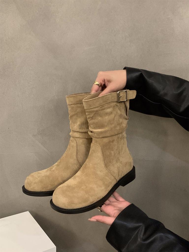Střední boty s tlustým podpatkem retro rytířské boty dámské boty 2024 nové podzimní a zimní naskládané malé krátké boty Martin boots