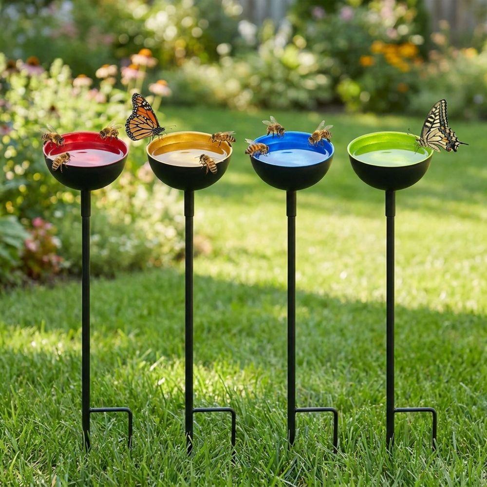 Vintage Iron Bee Watering Station Ground Insert Rustproof Butterfly Bath Bowl Handmade Garden Rain Catcher Yard Art Decor
