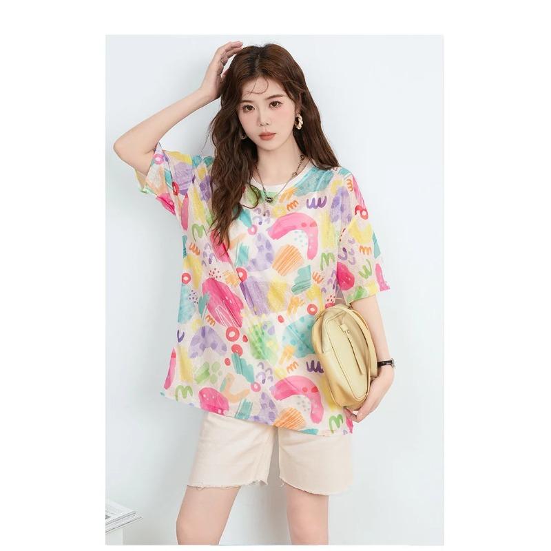 DIMANAF 2026 Große Größen Sommer Damen T-Shirts Lässige Damen Tops Tunika T-Shirts Hemd Strand Übergröße Locker Floral Print Gestrickt