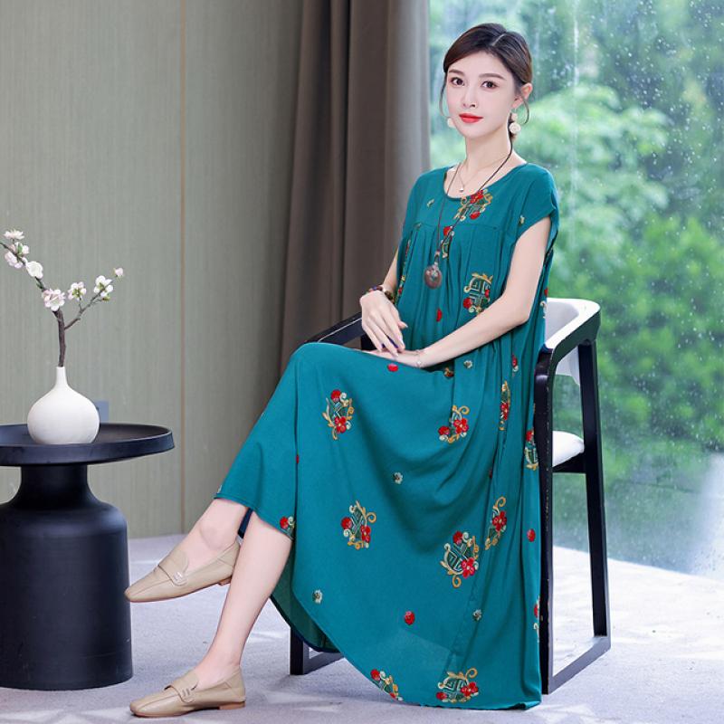New Hot Fashion Casual 2025 Summer Dress For Women Print Loose O-Neck Cotton Women Clothing Dresses Plus Size