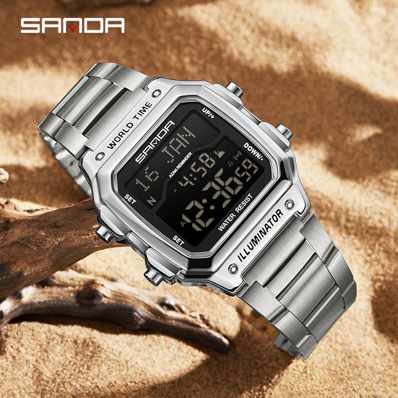SANDA 2173 Digital World Time Watch with Azan Feature Steel Strap Waterproof Multifunction Prayer Reminder Wristwatch