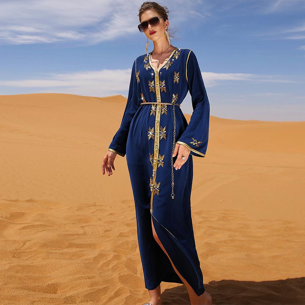 Solid Color Heavy Industry Rhinestone Luxury Muslim Dress Dubai Ramadan Long Sleeve Dress Abaya