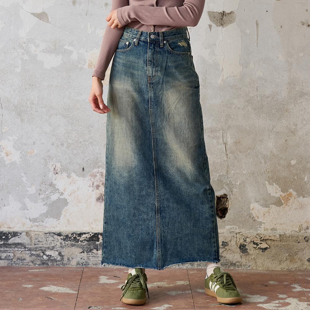 Naked Surf Club Lettering Denim Long Skirt (Indigo Blue)