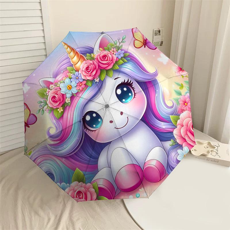 1PC Unicorn Flowers Umbrella-8-Rib Reinforced Portable Folding Travel Suitable for All Seasons Outdoor Daily Use-G384