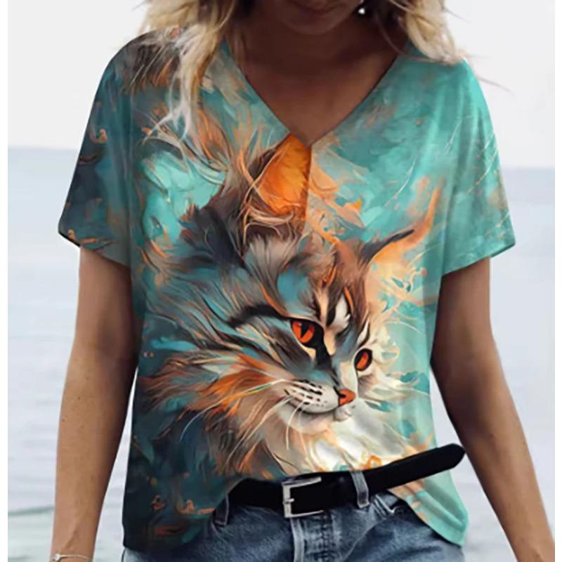 Damen V-Ausschnitt Kurzarm T-Shirts Tierdruck Sommerkleidung Niedliche Cartoon Katze Damen T-Shirts Übergroße Oberteile Kleidung Oberteile