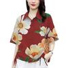 Women Summer Casual Shirt Lapel Short Sleeve Flower Pattern Shirt Double Breasted Side Drawstring Loose Fit Shirt Tops