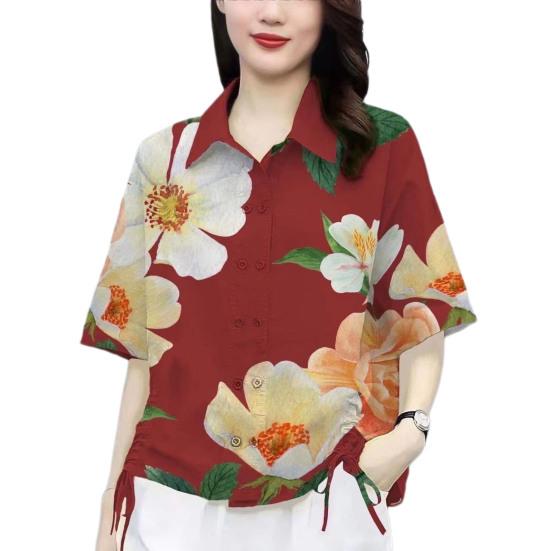 Women Summer Casual Shirt Lapel Short Sleeve Flower Pattern Shirt Double Breasted Side Drawstring Loose Fit Shirt Tops